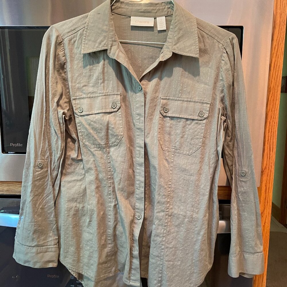 Chico's Long Sleeve Button Down Shirt Dark Green 2 (L-12)
